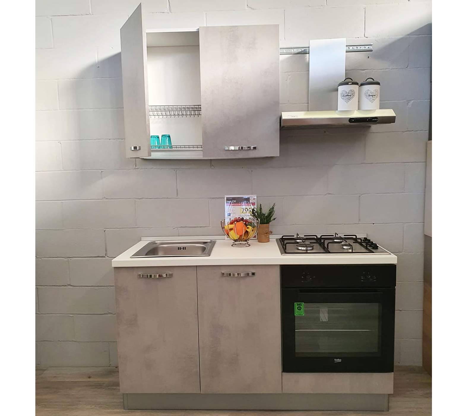 Mini Cucina Vera 150 cm – Cemento – Idea Casa Arredamenti